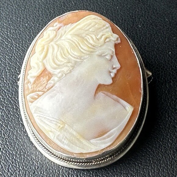 VTG Cameo‎ Shell Pendant Brooch 1 3/8" Victorian Lady 800 Fine Silver Italy MCM - Picture 5 of 12